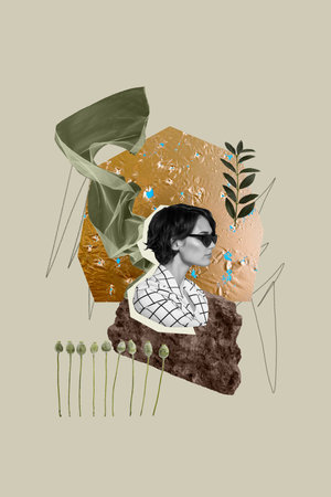 Collage minimal collage picture of young charming woman eco activist sitting in rock between...
