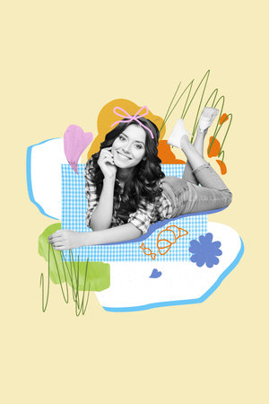 Collage sketch picture of cheerful happy cute girl lying and enjoying spring season isolated on drawing backgroundの写真素材