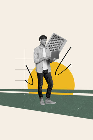 Magazine collage image of smiling confident worker programming modern gadget isolated beige color backgroundの写真素材