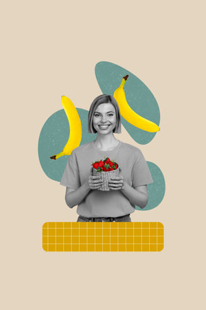 Collage 3d image pinup pop retro sketch of funny female hold strawberry banana fruit diet healthy nutrition billboard comics zine minimalの写真素材