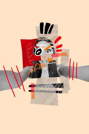 Vertical creative collage young woman drawing face doodles show tongue crazy funny concept psychedelic emotion drawing backgroundの写真素材