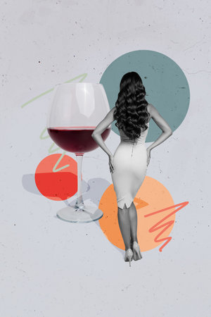 Vertical creative collage image of attractive girl back view wine glass restaurant alcohol party celebrate unusual fantasy billboard comicsの写真素材