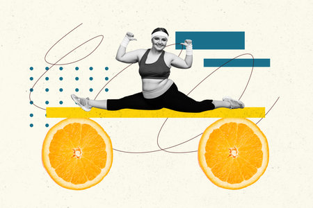 Collage motivation sports activity young woman in activewear sitting split on orange slices pointing fingers herself over beige backgroundの写真素材