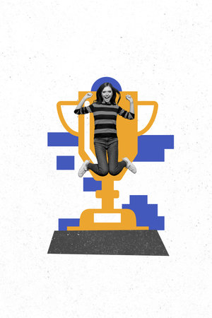 Vertical creative collage image of funny female jumping golden globe cup winner champion winning...