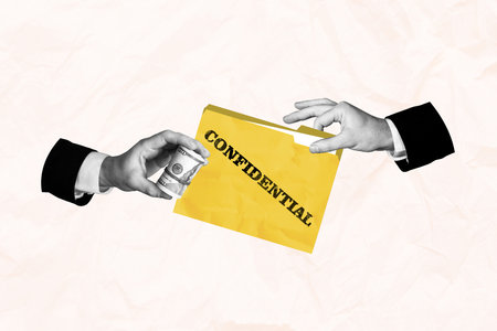 Composite image collage sketch photo artwork of hands two corrupt officials give bribe transfer secret files confidential roll money isolated on paper backgroundの写真素材