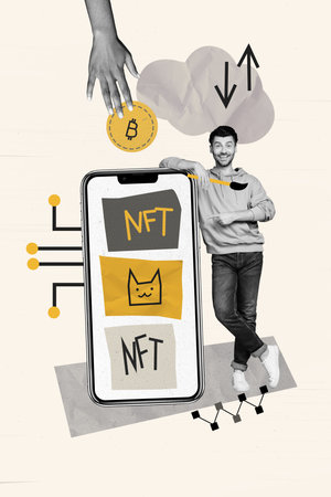 Vertical collage young man successful online trader businessman high earnings rich investor nft bitcoin virtual currency market smartphoneの写真素材