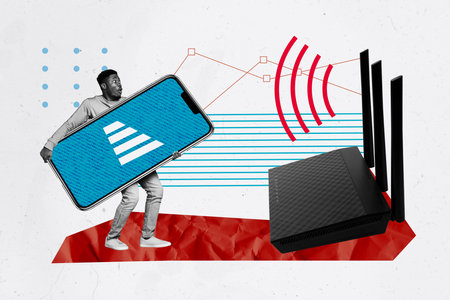 3d retro artwork template collage of man hold telephone screen router wifi internet broadband wlan...
