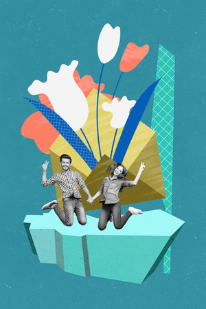 Collage artwork of positive glad happy people hold hands jump up spring season outdoors isolated on...