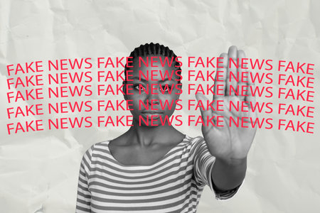 Collage retro sketch image of serious confident lady asking stop fake news isolated grey color...