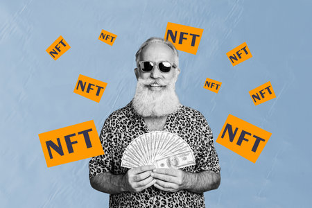 Collage picture of positive black white colors grandfather hands hold dollar bills banknotes trade nft isolated on blue backgroundの写真素材