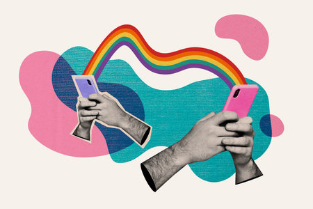 Creative trend collage of hands hold telephone device lgbt rainbow date connection message concept weird freak bizarre unusualの写真素材