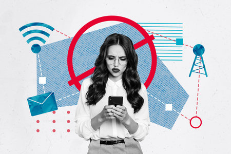 Creative collage young gorgeous woman hold smartphone no signal wifi internet connection...