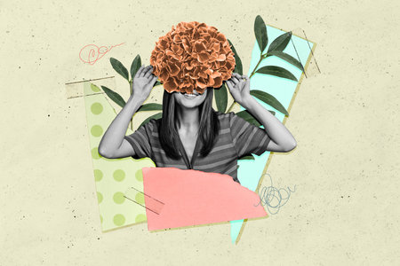 Collage picture of cheerful black white colors girl fresh flower cover face head plant leaves isolated on drawing paper backgroundの写真素材
