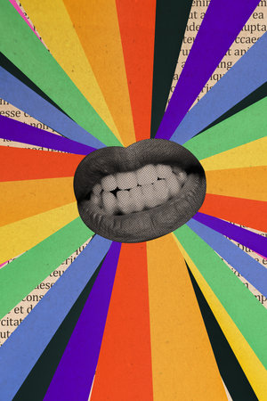 Vertical creative collage image of mouth growl showing teeth striped lines announce speaking concept shopping fantasy billboard comics zineの写真素材