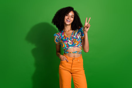 Photo of cheerful positive girl dressed colorful print clothes hand shows v-sign good mood isolated...