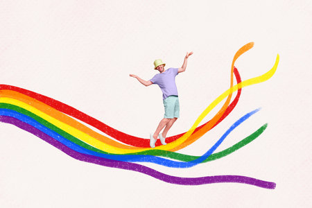 Creative trend collage of funny young man colorful lines lgbt right concept imagination rainbow weird freak bizarre unusualの写真素材