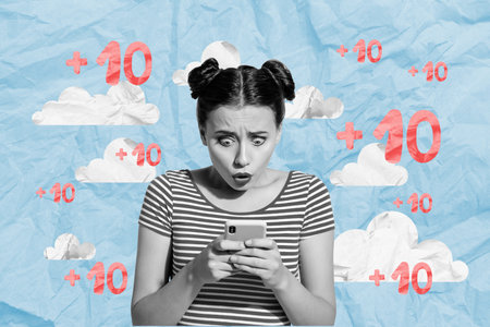 Photo collage picture young upset girl browsing smartphone shocked reaction forecast weather clouds...