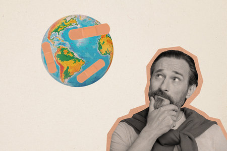 Abstract creative collage aged man thinks how planet suffers save Earth pollution environmet...