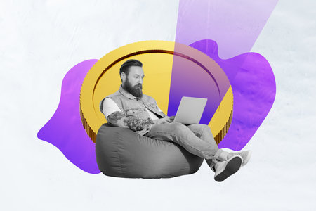 Creative photo collage young man sitting pouf laptop browsing successful trader huge golden coin toke btc virtual currency tradeの写真素材