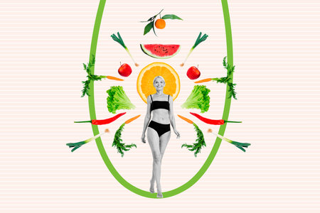 Abstract creative artwork collage of happy smiling lady enjoying healthy life way isolated painting backgroundの写真素材