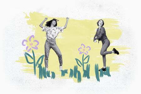 Collage portrait of two excited black white effect girls have good mood dancing chilling painted...