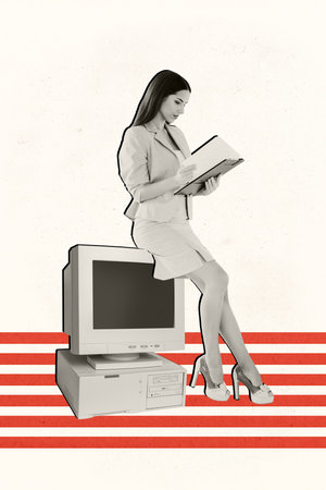 Vertical collage photo of young business woman analyzing contract terms sitting on desktop pc...