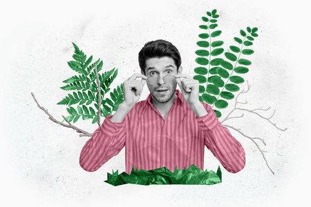 Collage image of speechless impressed black white effect guy hands touch glasses unbelievable tree...