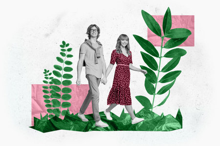 Composite collage of two peaceful black white effect partners hold arms walking big green plant leaves isolated on paper backgroundの写真素材