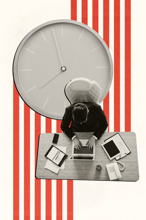 Collage artwork picture of top view worker typing modern device sitting office isolated graphical...