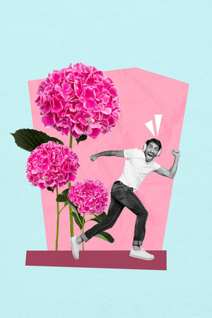 Collage pop retro sketch image of funky guy listening songs growing flowers isolated painting...
