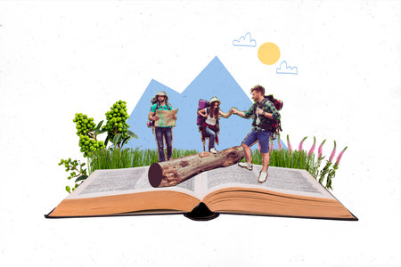 Composite collage image of big book read adventure genre travelers nature explore discovery students unusual fantasy billboard comicsの写真素材