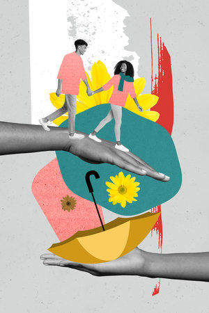 Vertical collage picture of black white colors arms hold cover umbrella mini partners walk daisy flowers isolated on painted grey backgroundの写真素材
