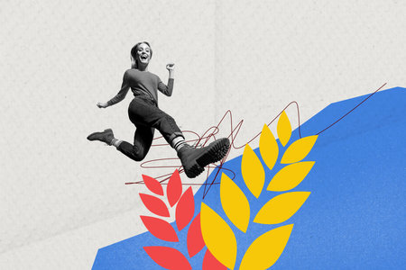 Collage picture of overjoyed black white colors girl jump running big painted plant leaves isolated...