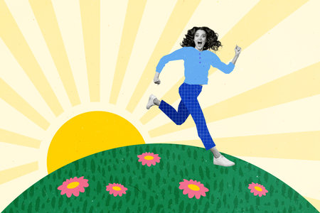 Photo artwork graphics collage of excited lady running flower field enjoying sun light isolated colorful backgroundの写真素材
