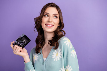 Photo of young girl think new conceptual session with models using retro video camera look empty...