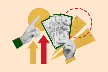 Banner picture collage of person arm hold dollars symbolize career professional financial growthの写真素材