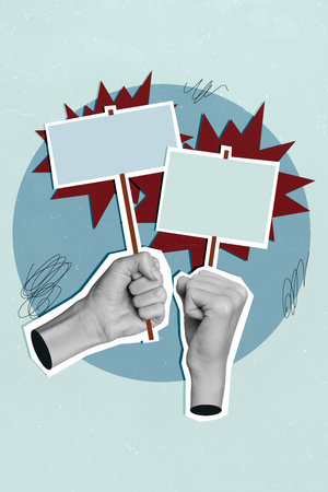 Vertical collage picture of black white colors arms hold sign banner protest demonstration isolated...