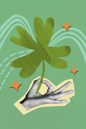 Postcard collage banner of hand hold green symbolic leaf shamrock saint patrick day isolated on drawing backgroundの写真素材
