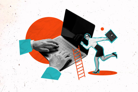 Running to workplace with laptop collage illustration of successful business woman with diplomat case isolated over white color backgroundの写真素材