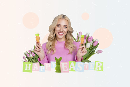Creative 3d photo artwork collage of beautiful joyful girl hold carrot gingerbread cookies tulips...