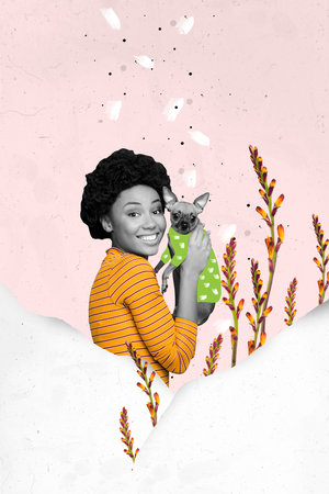 Vertical collage picture of black white colors cheerful girl arms hold chihuahua puppy dog growing snow flowers isolated on painted backgroundの写真素材