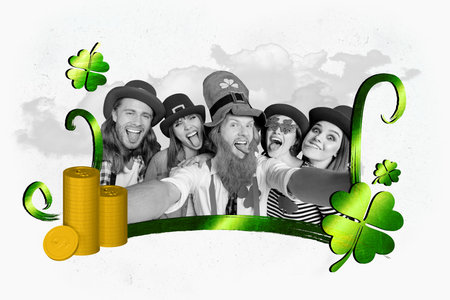 Poster picture collage of crazy cheerful joyful people take selfie have fun st patricks day isolated on painted backgroundの写真素材