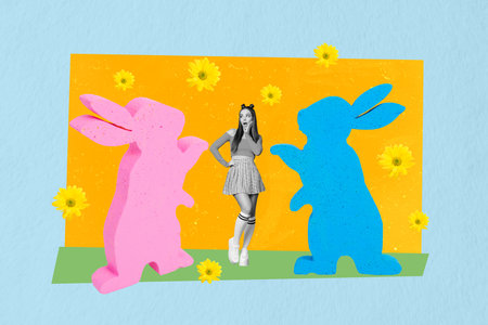 Composite 3d photo artwork collage of young surprised hipster girl two big bunnies rabbit figure...