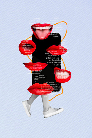 Vertical creative photo collage woman mouth red lips lipstick grinning teeth smile bizarre face...