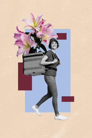 Vertical collage picture of cheerful black white colors courier girl walk backpack big lily flower isolated on beige backgroundの写真素材