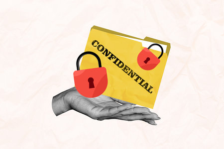 Composite creative art collage of hand transfer secret files folder lock inaccessible locked private riddle isolated on beige color backgroundの写真素材