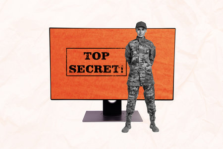 Composite creative art collage of serious strict military girl security camouflage uniform secret...