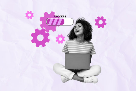 Creative magazine drawing collage picture of cheerful american woman sit laptop work online...