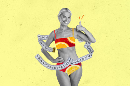 Artwork collage of black white effect sportive perfect body shape grandmother orange fruit biking measurement tape show thumb upの写真素材