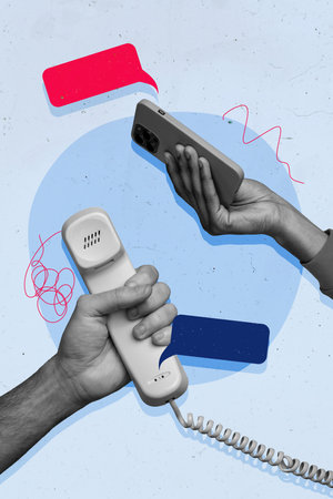Vertical creative collage image of hands hold handset mobile phone call telephone comics speech...